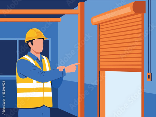 A construction worker in a hard hat and safety vest points towards an orange roller shutter.