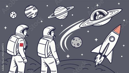 Astronauts in Space Gazing at Rocket Launch.