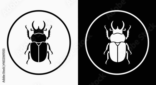 A graphic illustration of a stag beetle in positive and negative circular icons.