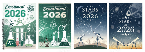 Set of four posters showcasing 2026 science themes with cosmic designs