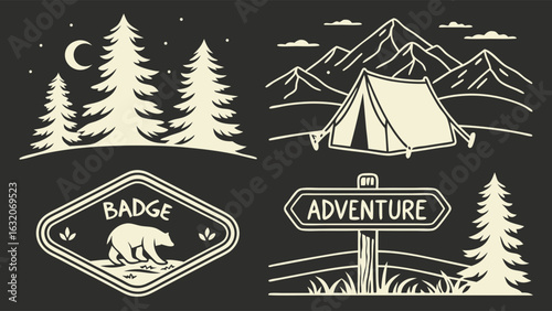 Camping Adventure Mountain Tent Forest Bear Badge Signpost Illustrations.