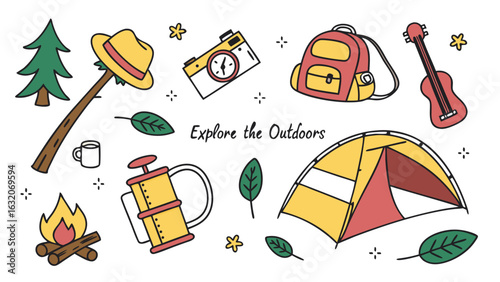 Camping and Hiking Equipment Illustrations Tent Backpack Ukulele Camera.