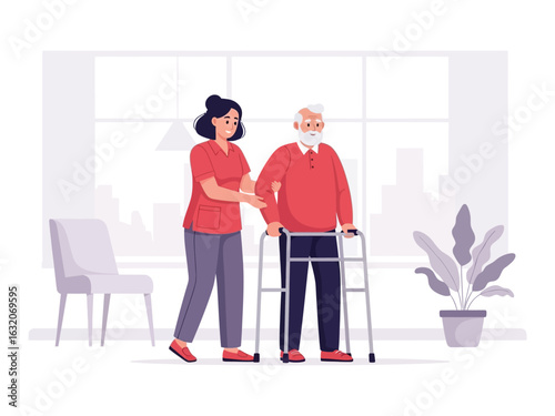 A compassionate female caregiver assists an elderly man with a walker in a bright room.
