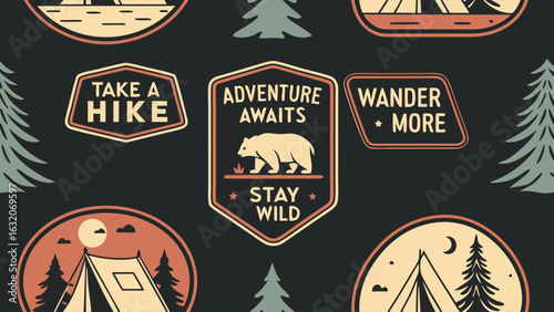 Camping and Hiking Themed Graphic Pattern with Bear Tent and Trees.