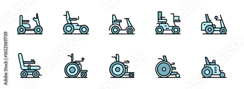 Collection of Modern Mobility Scooter and Wheelchair Icons:  Clean, Light Blue, Outline Style, Vector Graphics for Accessibility and Healthcare Websites.