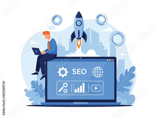 A businessman works on an SEO strategy with a rocket launching, symbolizing a startup boost, online growth, and digital marketing success.