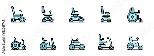 Collection of Modern Mobility Scooter and Wheelchair Icons:  Light Blue, Clean Line Art Style,  Accessible Design for Healthcare and Medical Websites.