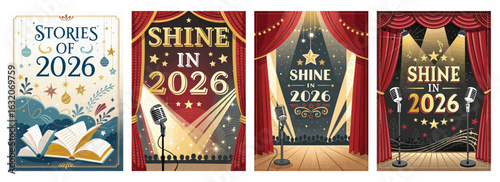 Set of four posters featuring vintage designs with microphones and books