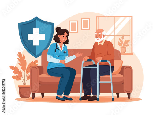 A nurse consults with an elderly patient on a sofa, symbolizing senior healthcare and insurance.