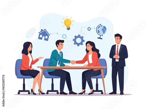 Business partners shaking hands to finalize an agreement, with icons representing ideas, process, and global business.