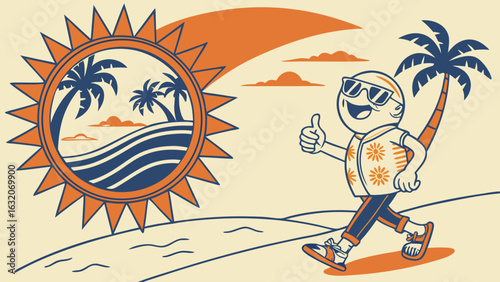 Cartoon Character Walking on Beach with Sun and Palm Trees.