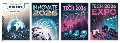 Set of four posters featuring futuristic tech expo designs for 2026