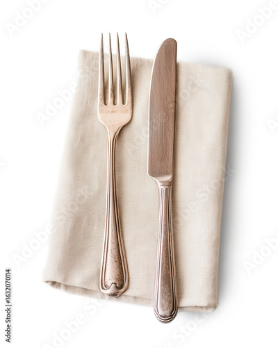 Vintage fork and knife on beige napkin on transparent background