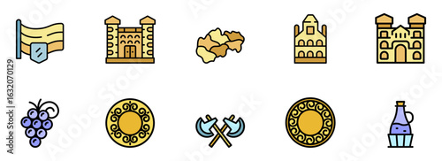 Collection of stylized ancient civilization icons: castles, map, grapes, coins, axes, and flag;  flat vector illustration, warm color palette, historical theme.