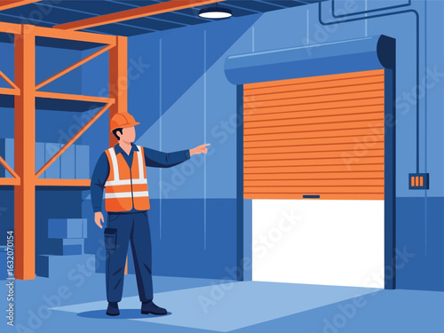 An illustrated warehouse worker in safety gear points towards a partially open orange rolling shutter door.