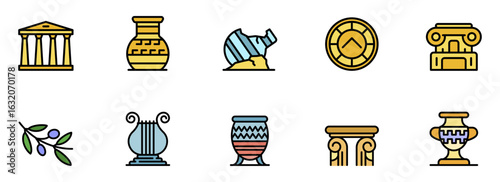 Vibrant Greek Mythology Icon Set: Temples, Pottery, Lyre, Olive Branch, Columns, and Ancient Artifacts;  Flat Design, Cheerful Color Palette, Illustrative Style.