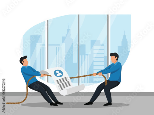 Two businessmen in an office competing in a tug of war over a large resume, symbolizing the fight for talent.