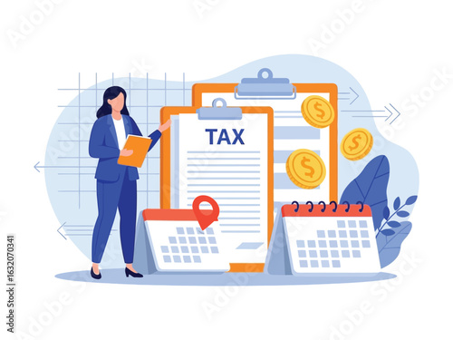 A businesswoman presents tax return information with large forms, calendars, and gold coins, symbolizing financial planning and deadlines.