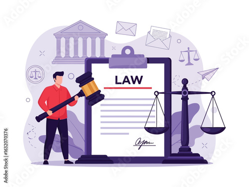 A man holds a large gavel next to a clipboard with a signed law document, surrounded by symbols of justice like scales and a courthouse.