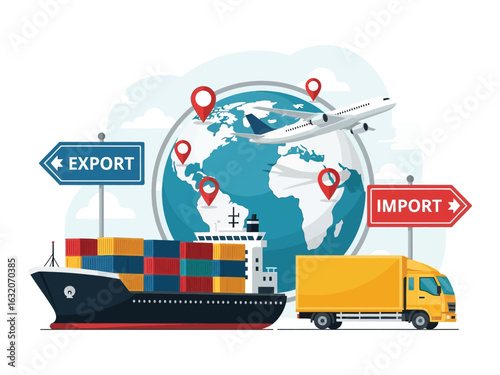 Global logistics concept with a cargo ship, truck, and airplane illustrating import and export trade around the world.