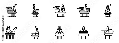 Offshore Oil Rig Icons: Ten Diverse Line Art Illustrations of Platforms,  Drilling Equipment, and Industry Structures for Energy Sector Graphics.