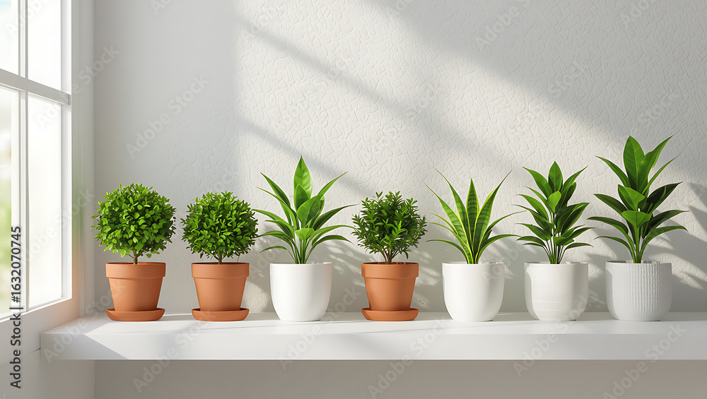 Fototapeta premium Row of potted green plants on a windowsill with sunlight casting shadows