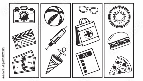 Collection of Everyday Items in Simple Line Art Style.