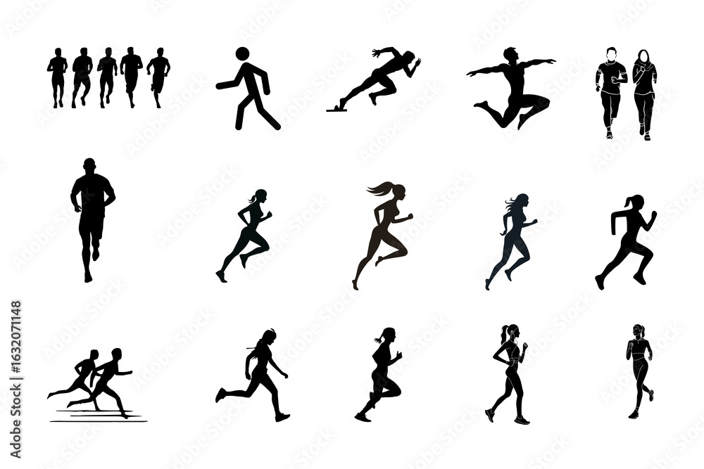 Naklejka premium Collection of running and jumping human silhouettes isolated on transparent background silhouette