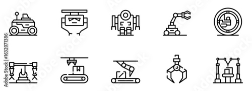 Collection of Ten Line Art Robot Icons: Automation, Technology, and Industrial Robotics Graphics for Website or App Design.
