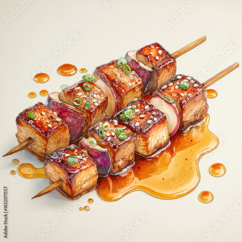 A plate of japanese skewers with chops featuring a minimalist watercolor style capturing the essence of asian cuisine