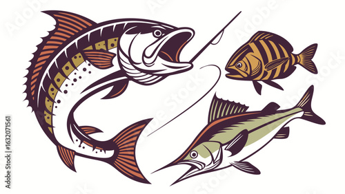 Colorful Illustration of Three Different Fish Species.