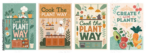 Set of four posters showcasing plant-based cooking with chefs and produce