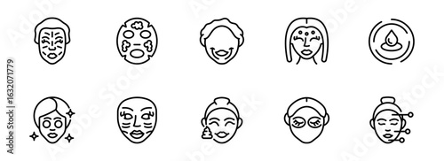 Collection of Minimalist Line Art Icons: Diverse Women's Faces, Skincare Treatments, and Facial Masks; Modern, Clean Aesthetic for Beauty, Wellness, and Spa Branding.