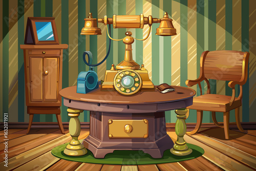 vector of The old brass table phone that complements the wooden table in the rustic interior of this old and antique phone...