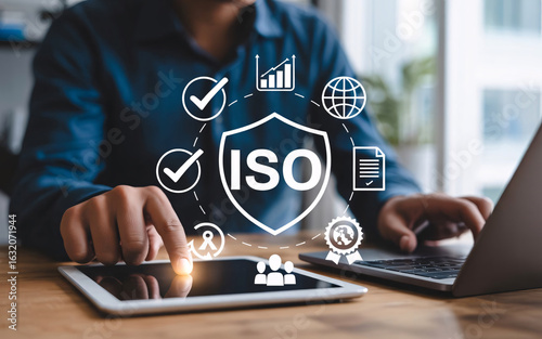 Wallpaper Mural Person using tablet and laptop with ISO quality management digital overlay standard certification Torontodigital.ca