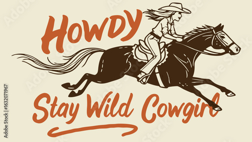 Cowgirl Riding a Horse in Leaping Motion Western Style Illustration.