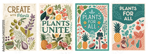 Set of four posters showcasing vibrant plants fruits and vegetables