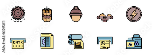Colorful Industry Icons:  Mining, Printing, Energy, and Manufacturing Process Line Art Illustrations;  Flat Design Style;  Modern and Energetic Mood.