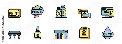 Colorful Flat Icon Set: Printing Process, CMYK Inks, Digital and Offset Printing Workflow, Design and Production.