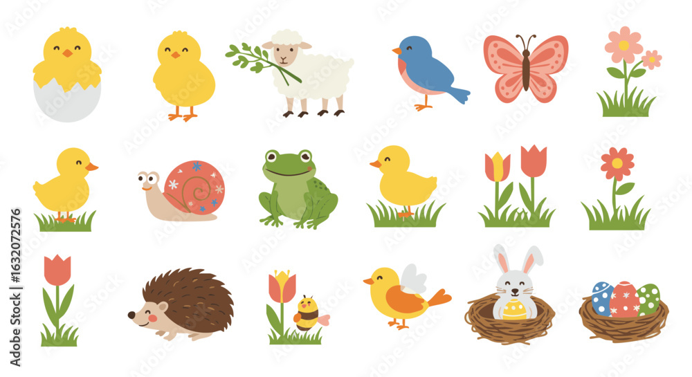 Fototapeta premium Spring animals for Easter flat icon set vector isolated