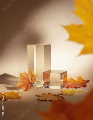 A modern product display with acrylic glass podiums and an autumn maple leaf. Reference Image