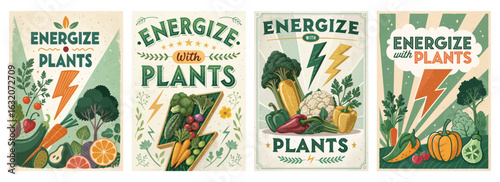 Set of four posters featuring vintage vegetables and dynamic typography