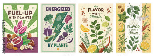 Set of four posters featuring retro plant-based food illustrations
