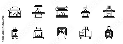 Collection of Modern Fireplace and Wood Stove Icons: Minimalist Line Art Graphics for Cozy Home and Winter Designs.