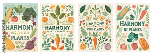 Set of four posters featuring whimsical botanical fruit and vegetable illustrations