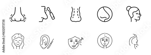 Collection of Minimalist Line Icons:  Cosmetic Surgery, Rhinoplasty, Facelift, and Ear Procedures;  Medical Illustration Set for Website or Brochure.