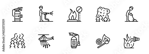 Line Art Icons: Fire Prevention, Safety, and Emergency Response;  Fire Extinguisher, Helicopter,  Forest Fire,  Safety Regulations, and First Responders.