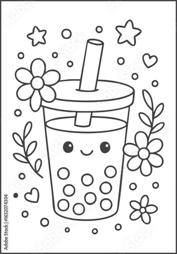Kawaii bubble tea coloring page, cute boba drink character line art illustration for kids, fun cartoon printable for children, black and white activity sheet, coloring book vector