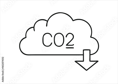 Simple thin outline black low carbon dioxide symbol representing environmental impact and sustainability isolated on white background