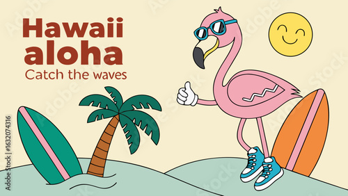 Flamingo Surfer in Hawaii Aloha Catching Waves.